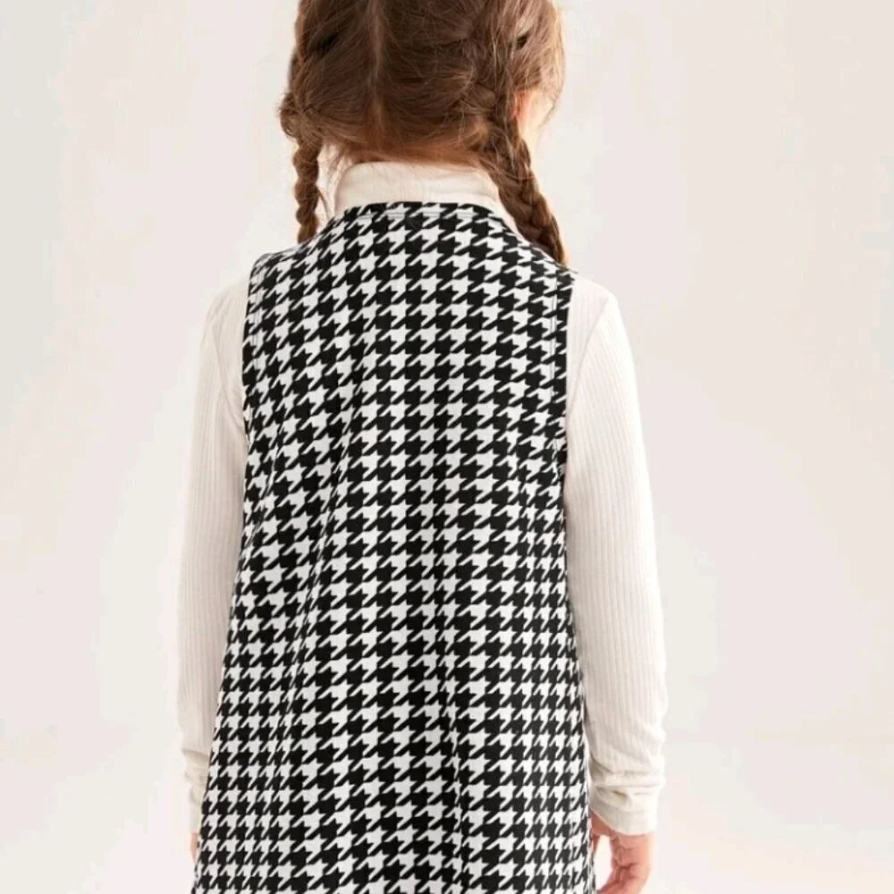 SHEIN Young Girl Houndstooth Print Open Front Vest Coat
